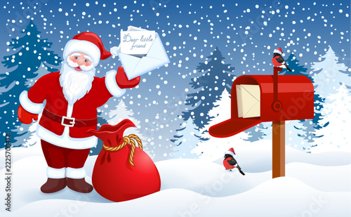 Christmas card with Santa Claus with letter and mailbox against winter forest background