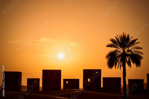 Silhouette of the city in the sunset in the desert