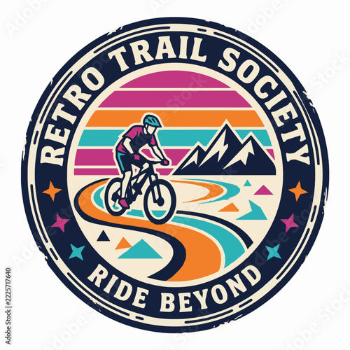 Vintage mountbike emblem with mountain trail and colorful sunset