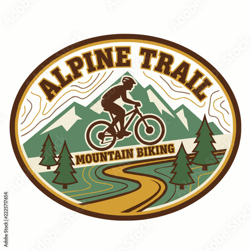 Mountain bike cyclist on alpine trail vector badge illustration