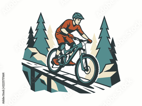 Mountbike cyclist riding on forest path through pine trees