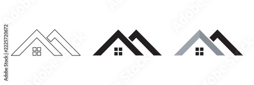 Real estate house roof vector logo set with outline, solid, and grey design isolated on white background