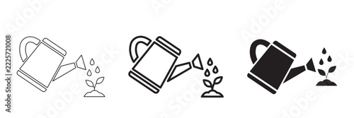 Watering can vector icon set with plants and water drops isolated on white background