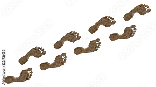 Diagonal pattern of barefoot human footprints made of wet brown mud, isolated on white