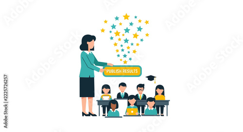 Female Teacher Publishing Academic Results for Students in a Modern Digital Classroom Flat Vector Illustration