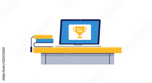 E-learning success concept with laptop showing well done trophy and books on desk. Vector illustration for online education, graduation, and academic achievement.