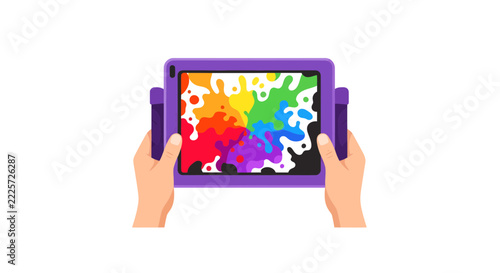 Child Hands Holding Educational Tablet with Vibrant Rainbow Paint Splatter Design on Screen