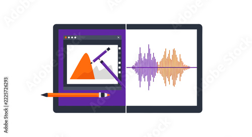 Digital Content Creation Workspace Illustration for Multimedia, Audio Editing, and Graphic Design