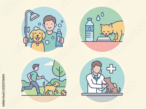 Pet Care Routine: Four circular icons illustrate different aspects of pet care, including bathing a dog, feeding a cat, walking a dog, and a veterinarian examining a cat.