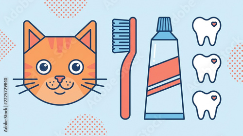 Cat Dental Care Routine: An illustration showing a cat's face, toothbrush, toothpaste, and three teeth with heart-shaped cavities, highlighting feline dental hygiene.
