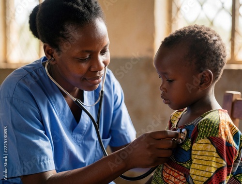African female nurse uses stethoscope to check young girl health in Kenya clinic. Pediatric doctor examines small child patient during medical checkup. Black healthcare worker provides healthcare
