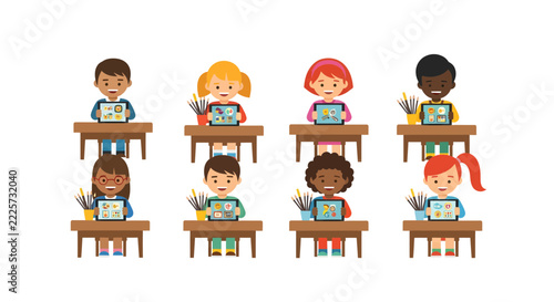 Group of Diverse School Children Using Digital Tablets for E-Learning and Online Education in Classroom, Flat Vector Illustration Isolated on White