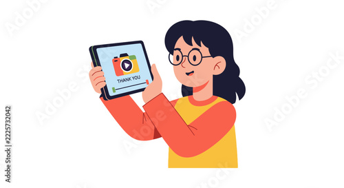 Girl Content Creator Holding Tablet with Thank You Video Message Illustration