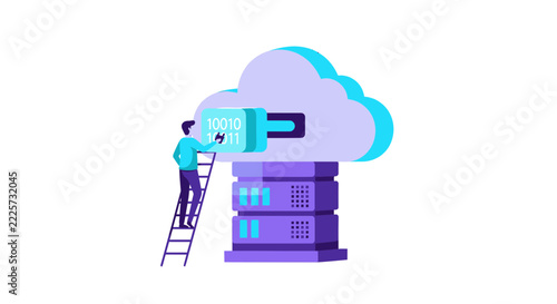 Cloud Computing and Data Storage Illustration with IT Professional Connecting Binary Code to Server Network