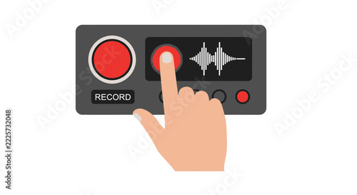 Hand Pressing Record Button on Digital Audio Recorder with Sound Waveform Display, Vector Illustration