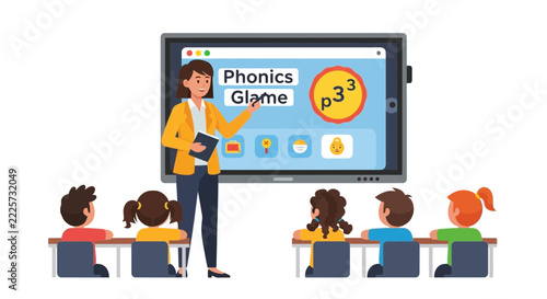 Female Teacher Using Interactive Digital Whiteboard for Phonics Lesson with Elementary Students in Modern Classroom Vector Illustration