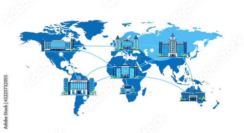 Global Network Concept Illustration with Interconnected Corporate Buildings and World Map