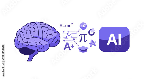 Artificial Intelligence in Education Concept with Human Brain, Digital Icons, and Mathematical Symbols for Smart Learning and Cognitive Computing