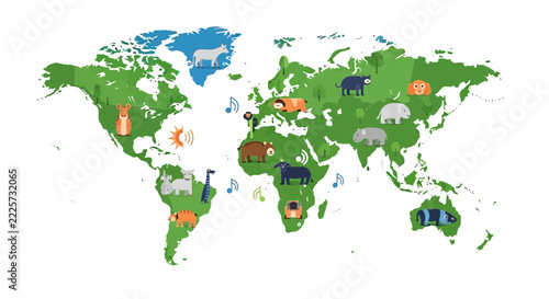 Educational World Map Illustration with Cute Cartoon Animals Representing Global Wildlife Habitats and Biodiversity for Kids Education
