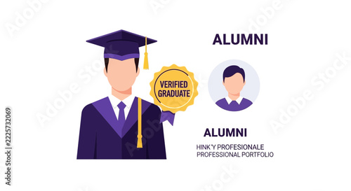 Verified Graduate and Alumni Professional Portfolio Concept Vector. Flat Illustration of Student in Graduation Gown with Academic Achievement Seal.