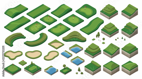 Isometric golf course landscape construction kit with modular tiles