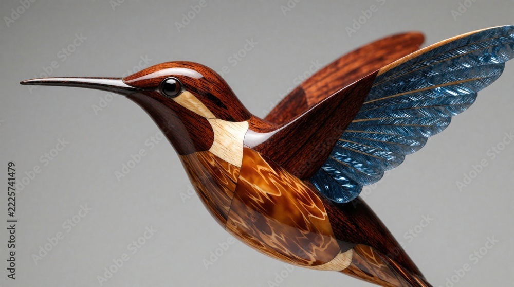 Naklejka premium Handcrafted wooden hummingbird figurine flies against gray background. Polished timber bird sculpture features blue glass wings, detailed grain. Artistic wood carving decoration shows elegant flying