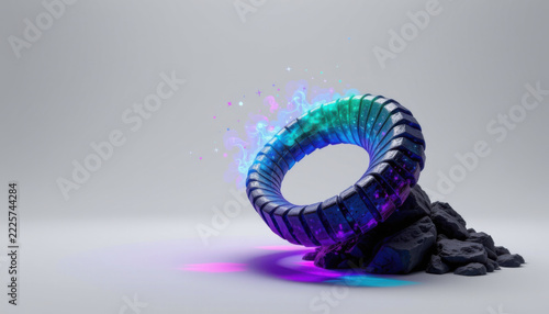 Futuristic Glowing Ring Resting Rocks Under Magical Lights