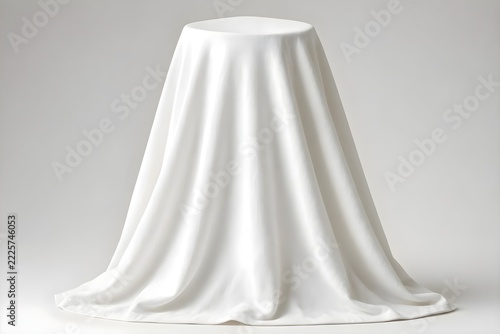 Elegant White Fabric Draped Over Table Podium Mockup for Product Display Presentation and Reveal Background