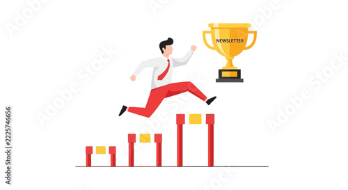 Businessman Jumping Over Hurdles Towards Newsletter Trophy for Marketing Success