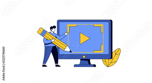 Video Content Creation Concept - Man Editing Media on Computer with Pencil Illustration
