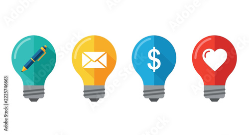 Flat Vector Illustration of Four Colorful Light Bulbs with Pen, Mail, Dollar, and Heart Icons representing Creative Business Ideas and Communication Concepts