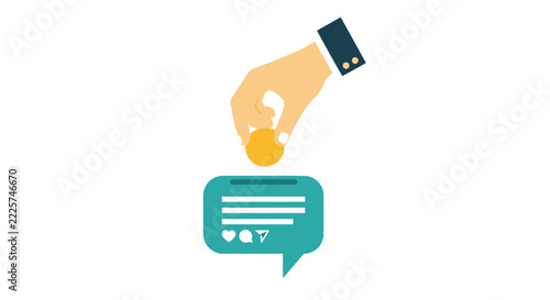 Social Media Monetization Concept Illustration: Hand Putting Dollar Coin into Comment Bubble for Creator Support and Digital Tipping