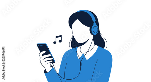 Flat Minimalist Vector Illustration of a Woman Listening to Music or a Podcast via Smartphone with Headphones, Isolated on White