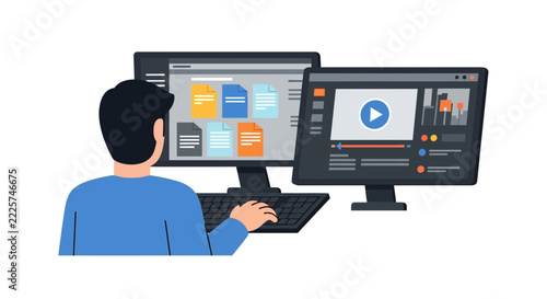 Video Editor and Content Creator Working on Dual Monitor Setup Illustration - Professional Freelancer Managing Media Files and Video Production at Desktop Workspace