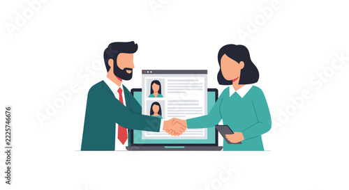 Human Resources and Online Recruitment Concept Vector Illustration with Business People Shaking Hands in Front of Laptop with Resume Profile
