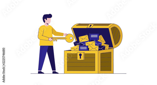 Man Unlocking Treasure Chest Filled with Emails and Messages Vector Illustration. Conceptual Art for Email Marketing, Data Value, and Communication Strategy.