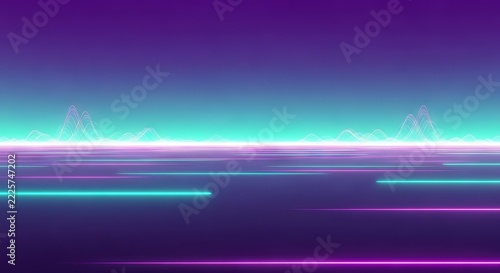 A vast digital horizon glows with vibrant ultraviolet and turquoise light, featuring sleek glitch distortions and ethereal energy waves, virtual, grid, beam
