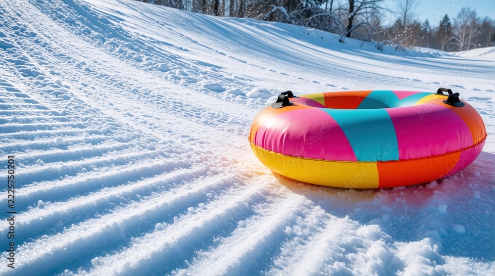 Naklejka premium Bright colorful inflatable swim ring sits on white snowy mountain slope. Vibrant rainbow tube creates funny contrast between summer pool toy, cold winter landscape. Concept of unexpected leisure,