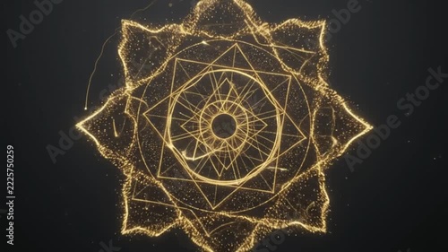 Gold particles abstract geometric shapes glowing on dark background