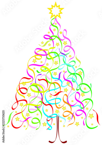 A Christmas tree created from colorful ribbons.