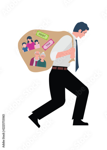 Man carrying a lot of burdens in sack cloth bag. Simple flat illustration.