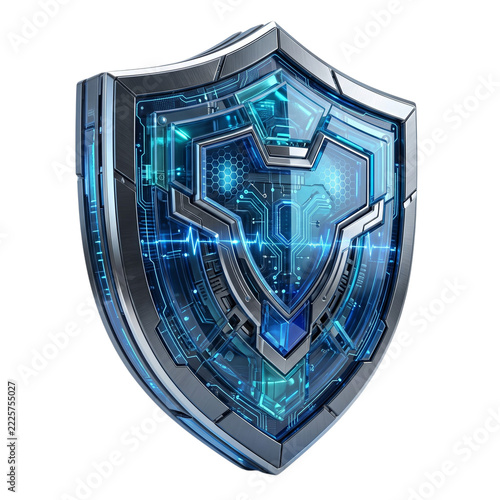 Metallic cyber shield icon isolated on a transparent background