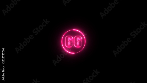 Glowing purple color neon number 66 on the black background.