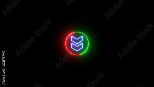 Glowing neon line circle with down arrow icon on the black background.