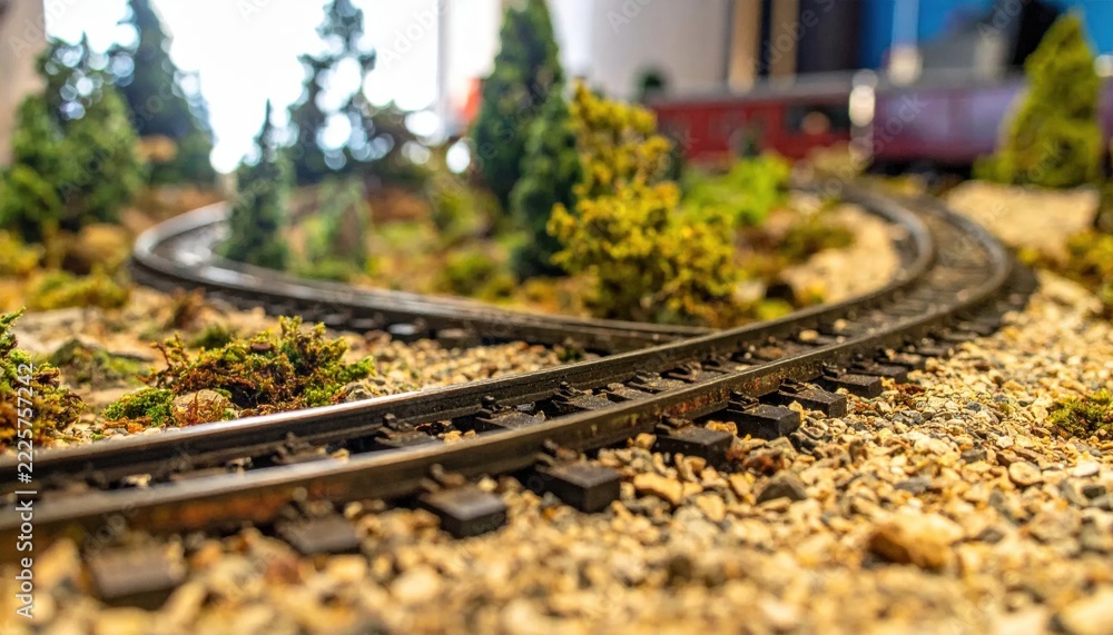 Obraz premium Detailed miniature model train tracks winding through a diorama landscape