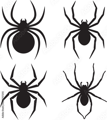 Set of Black Spider Silhouettes Isolated on White Background