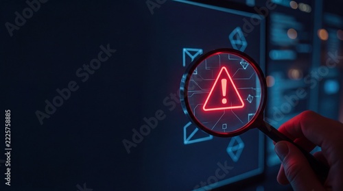 Hand holding magnifying glass over glowing red warning symbol on digital screen, cybersecurity alert, data protection, risk assessment, security breach concept
