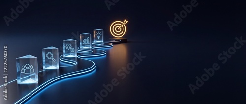 Digital path leading to a glowing target, representing business goals, strategy, success, and progress