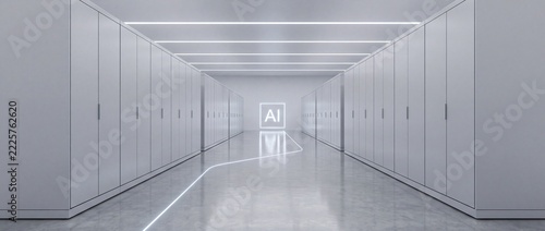 Futuristic clean hallway with glowing AI sign in the distance, sterile data center or modern office interior, technology and innovation concept