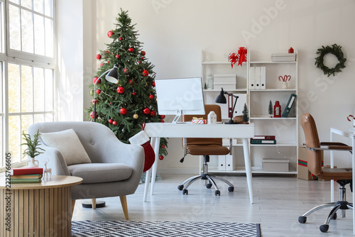 Christmas office decor, remote work holiday season and festive workplace inte...